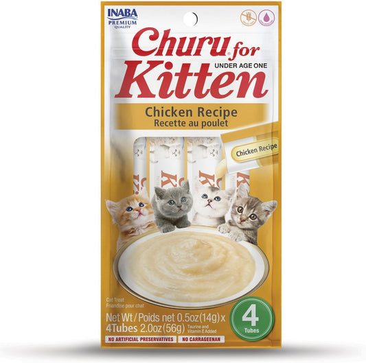 Inaba - Churu Purees 4ct - Kitten Chicken Recipe - SINGLE Cat Treat Pack, 4 Tubes - 2oz