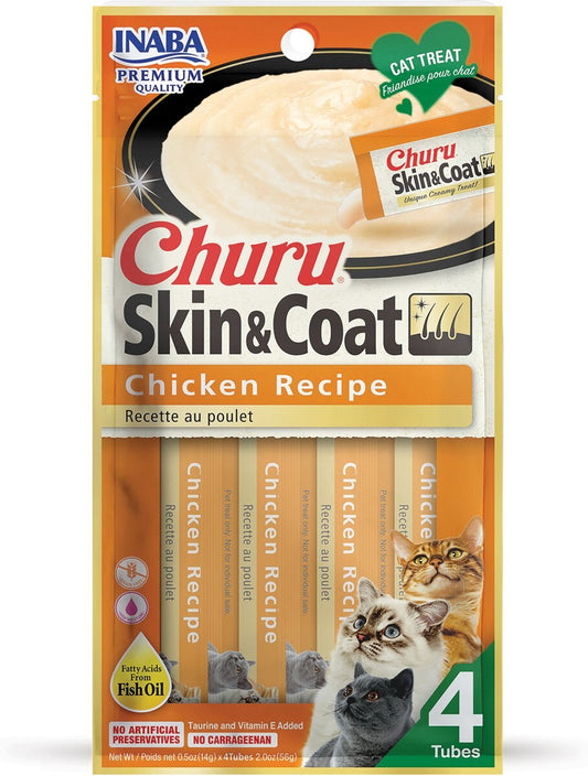 Inaba - Churu Purees 4ct - Skin and Coat Chicken Recipe - SINGLE Cat Treat Pack, 4 Tubes - 2oz