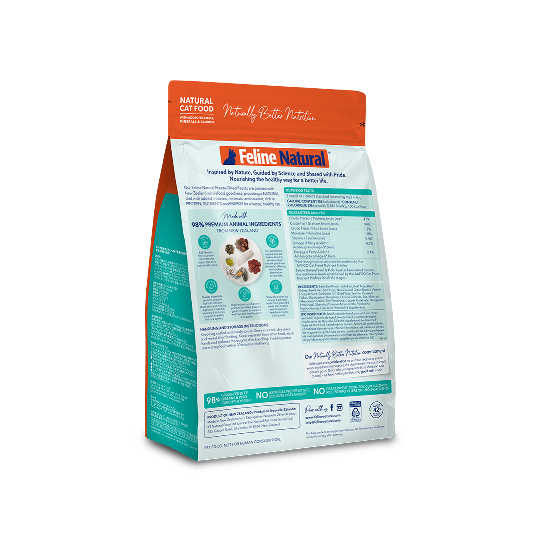 Feline Natural Beef & Hoki Feast freeze-dried cat food, large bag — official additional packaging panel