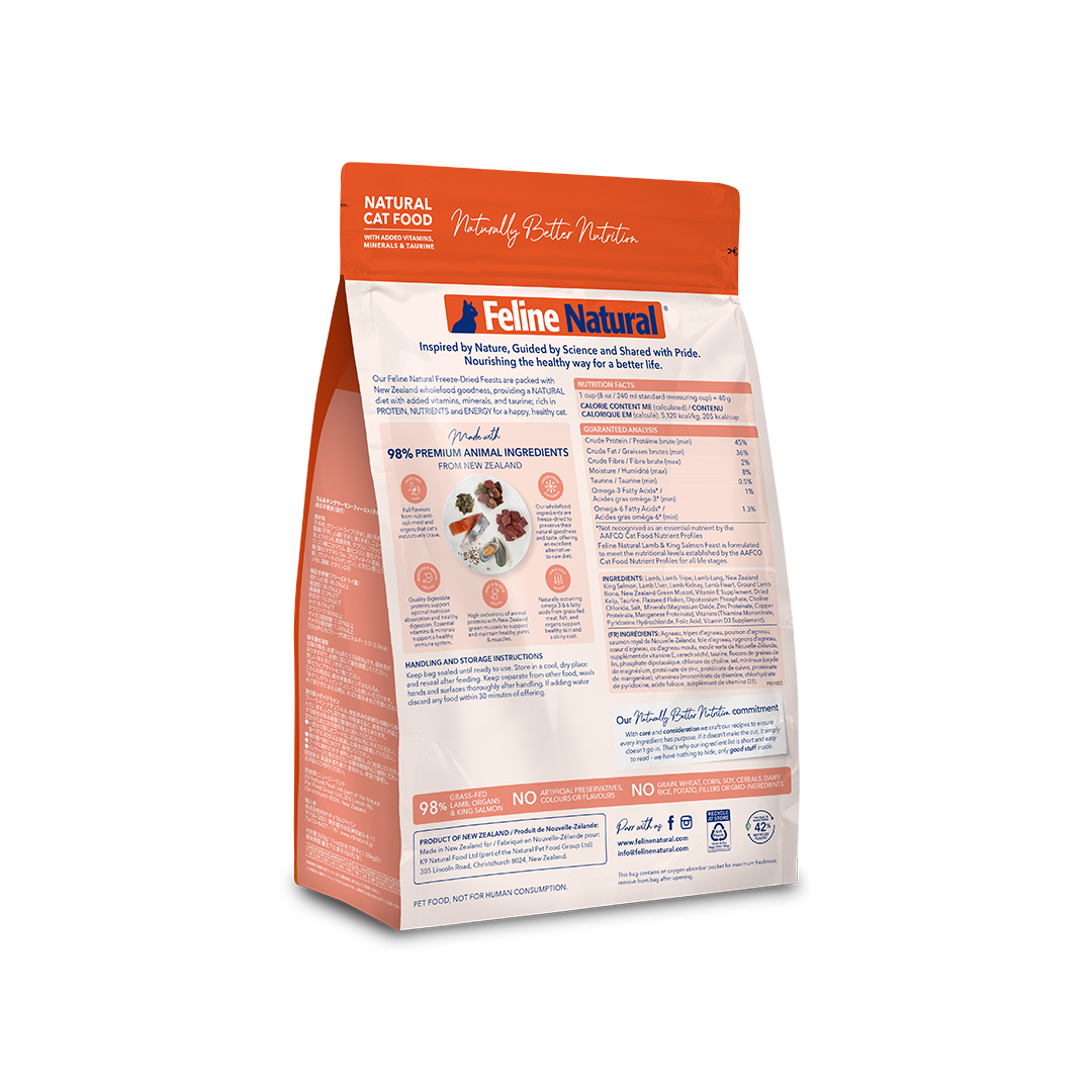 Feline Natural Lamb & King Salmon Feast freeze-dried cat food, large bag — official additional packaging panel