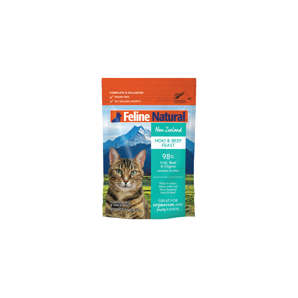 Feline Natural Hoki & Beef Feast wet cat food pouch 85 g — official additional packaging panel