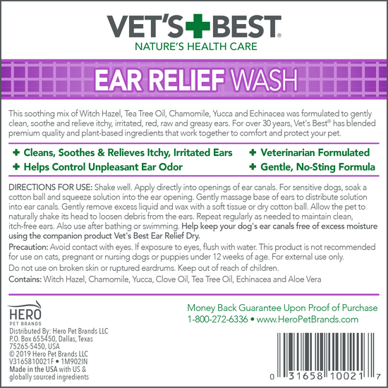 Vet's Best Ear Relief Wash back label