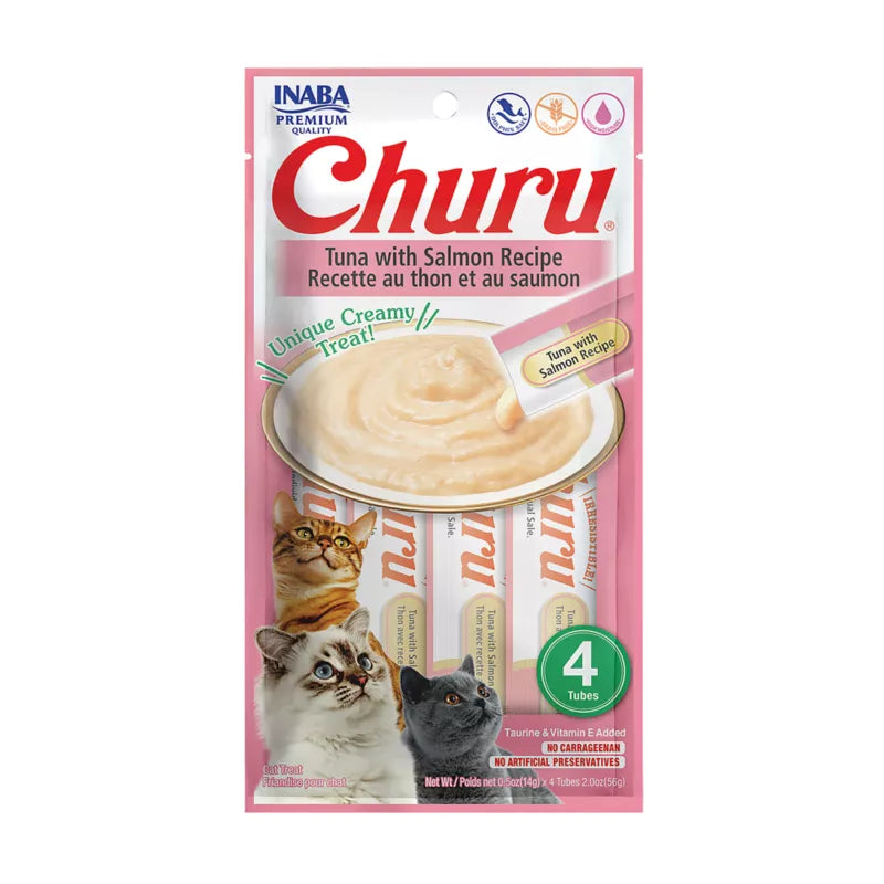 Inaba - Churu Purees 4ct - Salmon Recipe - SINGLE Cat Treat Pack, 4 Tubes, 2oz