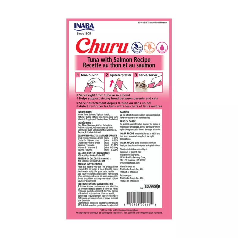 Inaba - Churu Purees 4ct - Salmon Recipe - SINGLE Cat Treat Pack, 4 Tubes, 2oz