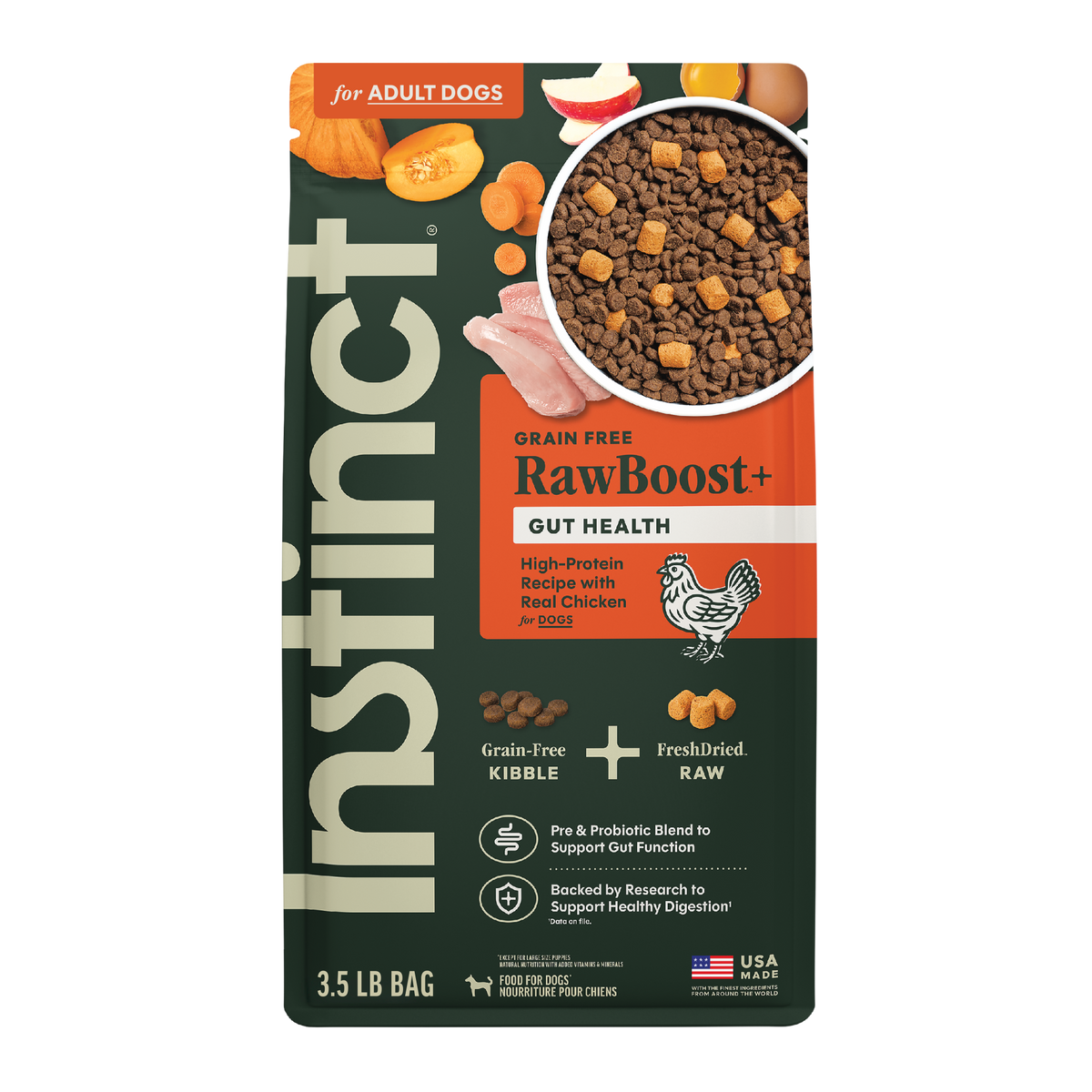 Instinct Raw Boost Gut Health Chicken Recipe dry dog food bag front