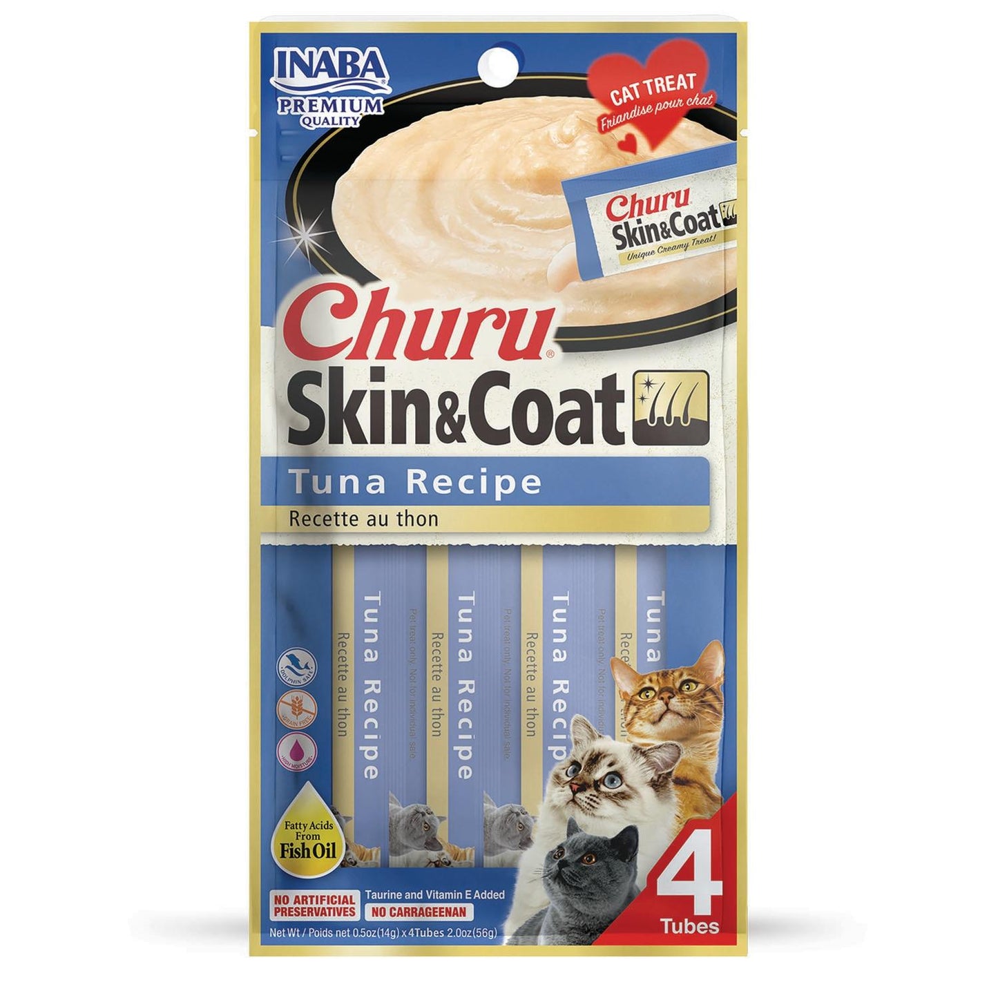 Inaba - Churu Purees 4ct - Skin and Coat Tuna Recipe - SINGLE Cat Treat Pack, 4 Tubes - 2oz