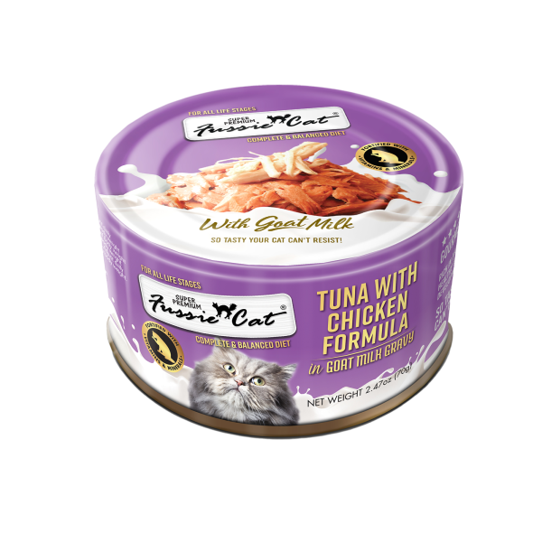 Fussie Cat Premium Tuna w/Chicken in Goats Milk 24/2.4oz