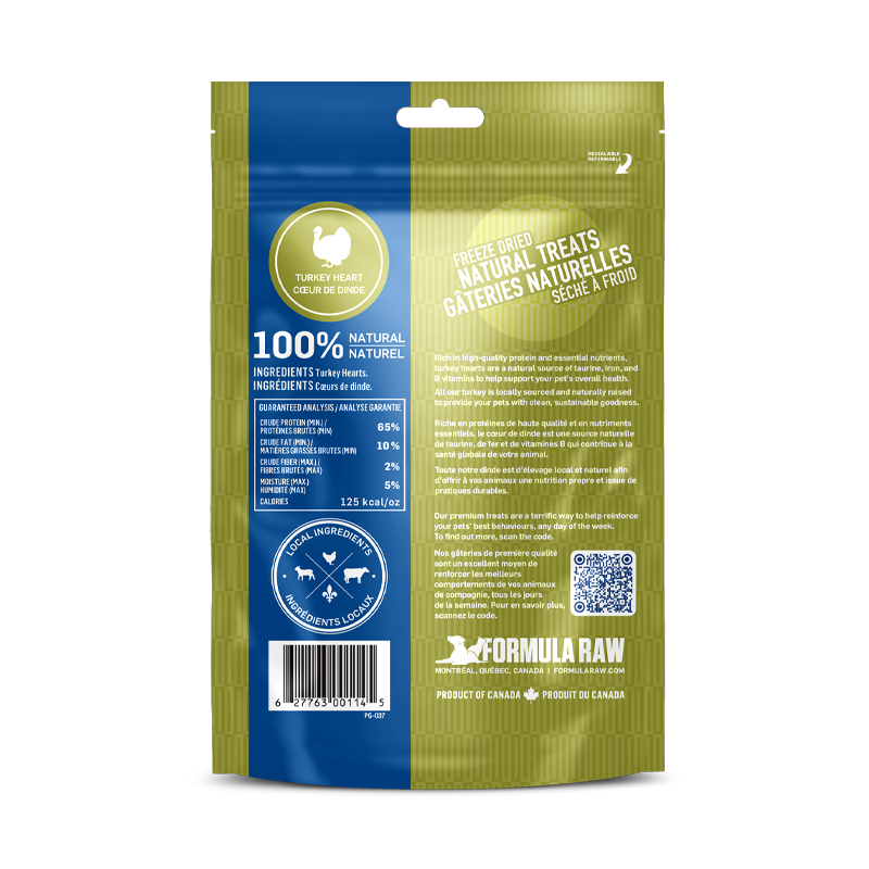 Formula Raw Freeze-Dried Turkey Hearts Treats back of bag with guaranteed analysis