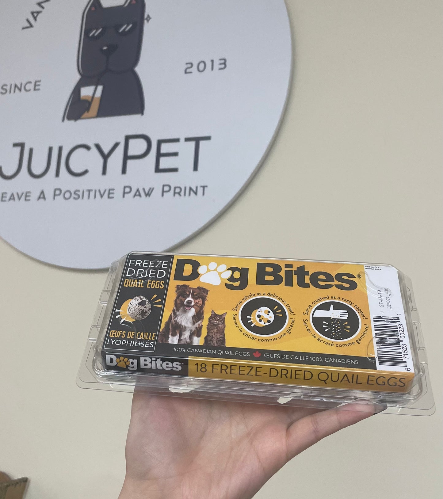Dog bites 18 freeze dried quail eggs
