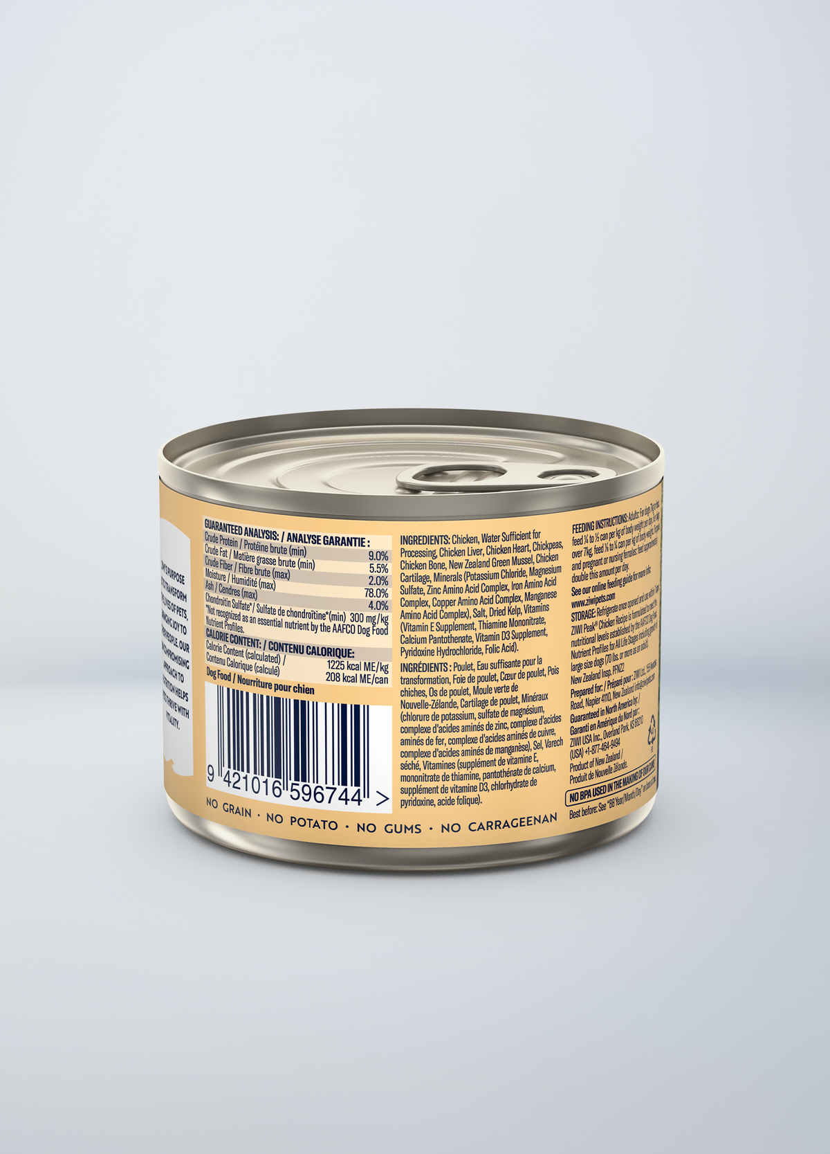 ZIWI Peak Original Chicken Recipe Grain-Free Wet Dog Food – back of pack / nutrition panel (official ZIWI image)