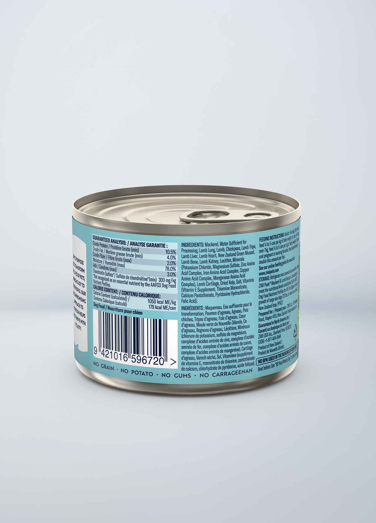ZIWI Peak Original Mackerel & Lamb Recipe Grain-Free Wet Dog Food – back of pack / nutrition panel (official ZIWI image)