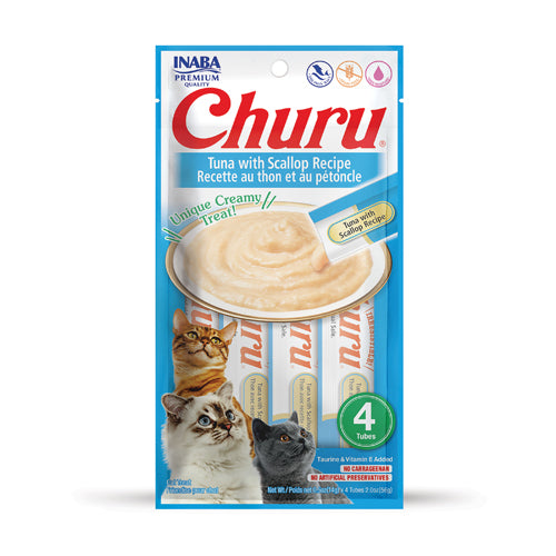 Inaba - Churu Purees 4ct - Tuna with Scallop Recipe - SINGLE Cat Treat Pack, 4 Tubes - 2oz