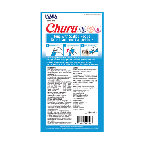 Inaba - Churu Purees 4ct - Tuna with Scallop Recipe - SINGLE Cat Treat Pack, 4 Tubes - 2oz