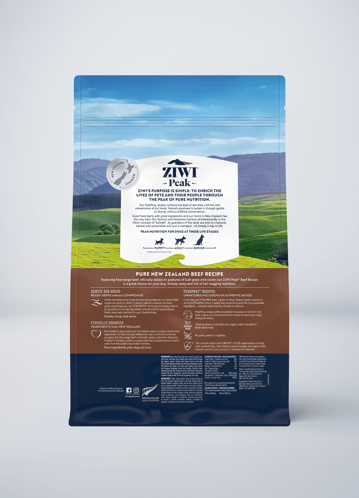 ZIWI Peak Original Air-Dried Beef Recipe Grain-Free Dog Food – back of pack / nutrition panel (official ZIWI image)