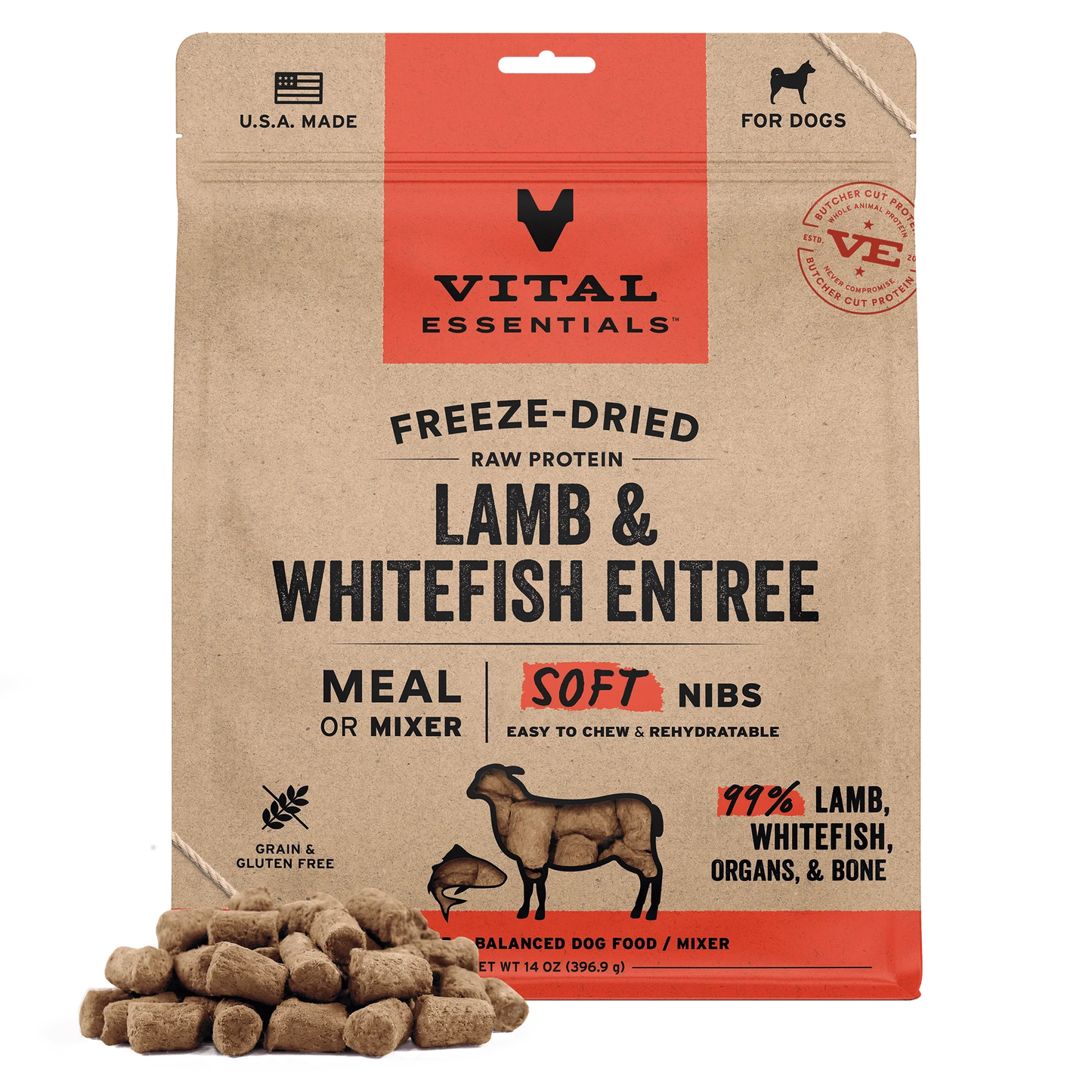 Vital Essential Raw Lamb & Whitefish Entree&Mixer Soft Nibs 14OZ