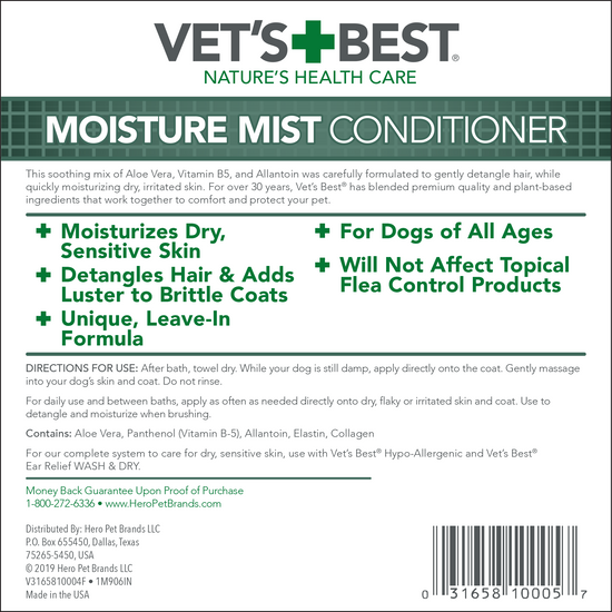 Vet's Best Moisture Mist Conditioner back label