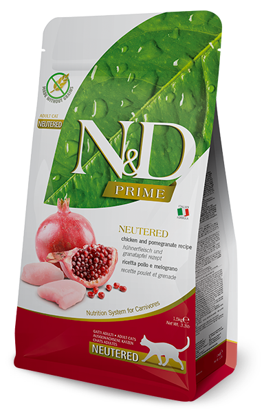 Farmina N&D Prime Chicken & Pomegranate Neutered Grain-Free Dry Cat Food – package
