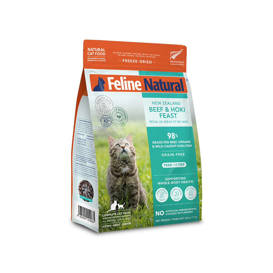 Feline Natural Beef & Hoki Feast freeze-dried cat food, large bag — official manufacturer packaging