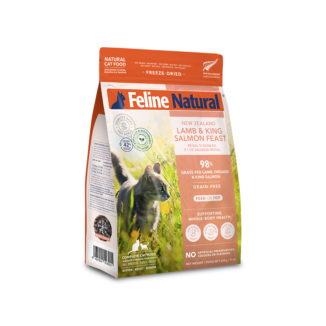 Feline Natural Lamb & King Salmon Feast freeze-dried cat food, large bag — official manufacturer packaging