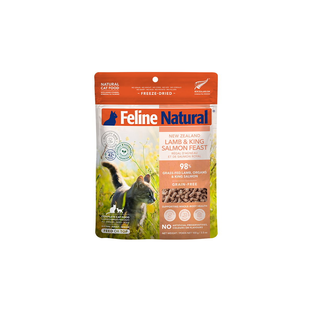 Feline Natural Lamb & King Salmon Feast freeze-dried cat food, small bag — official manufacturer packaging