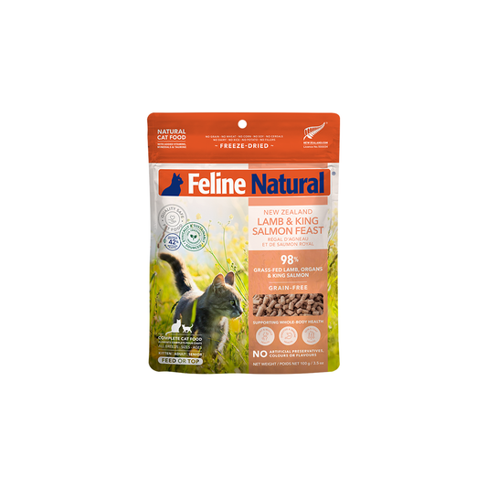Feline Natural Lamb & King Salmon Feast freeze-dried cat food, small bag — official manufacturer packaging