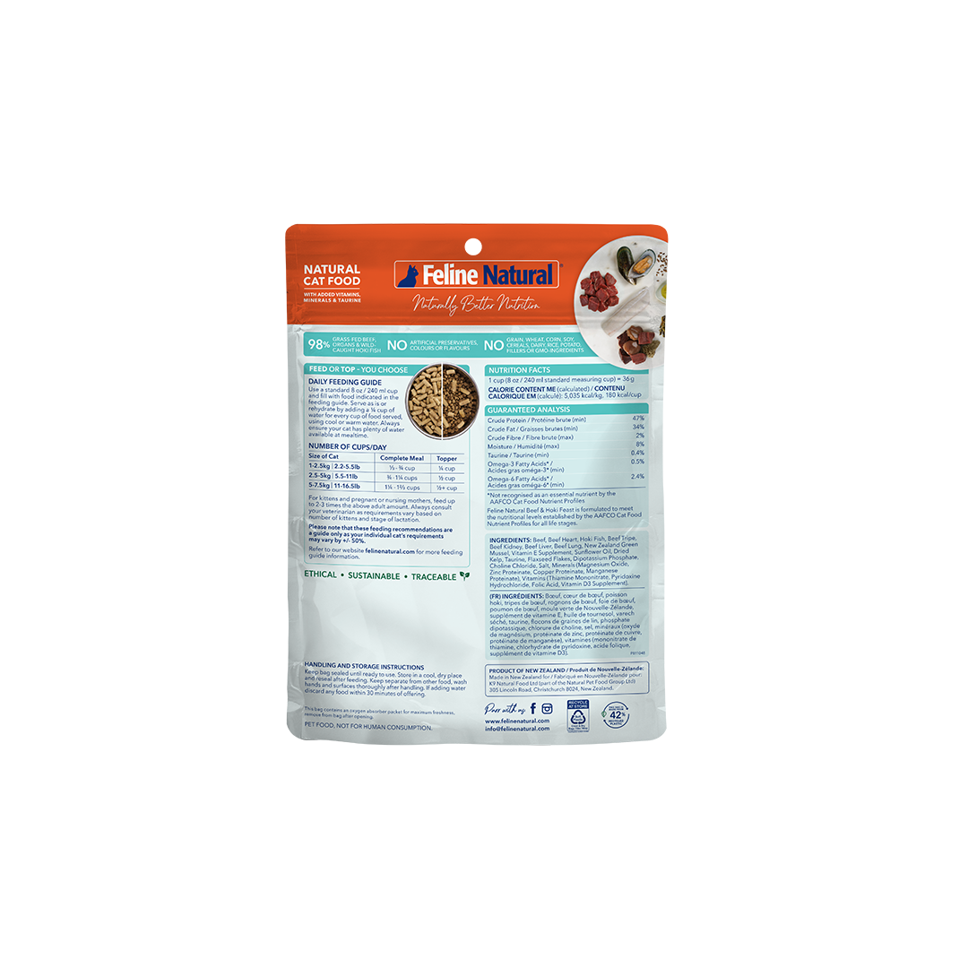 Feline Natural Beef & Hoki Feast freeze-dried cat food, small bag — official additional packaging panel