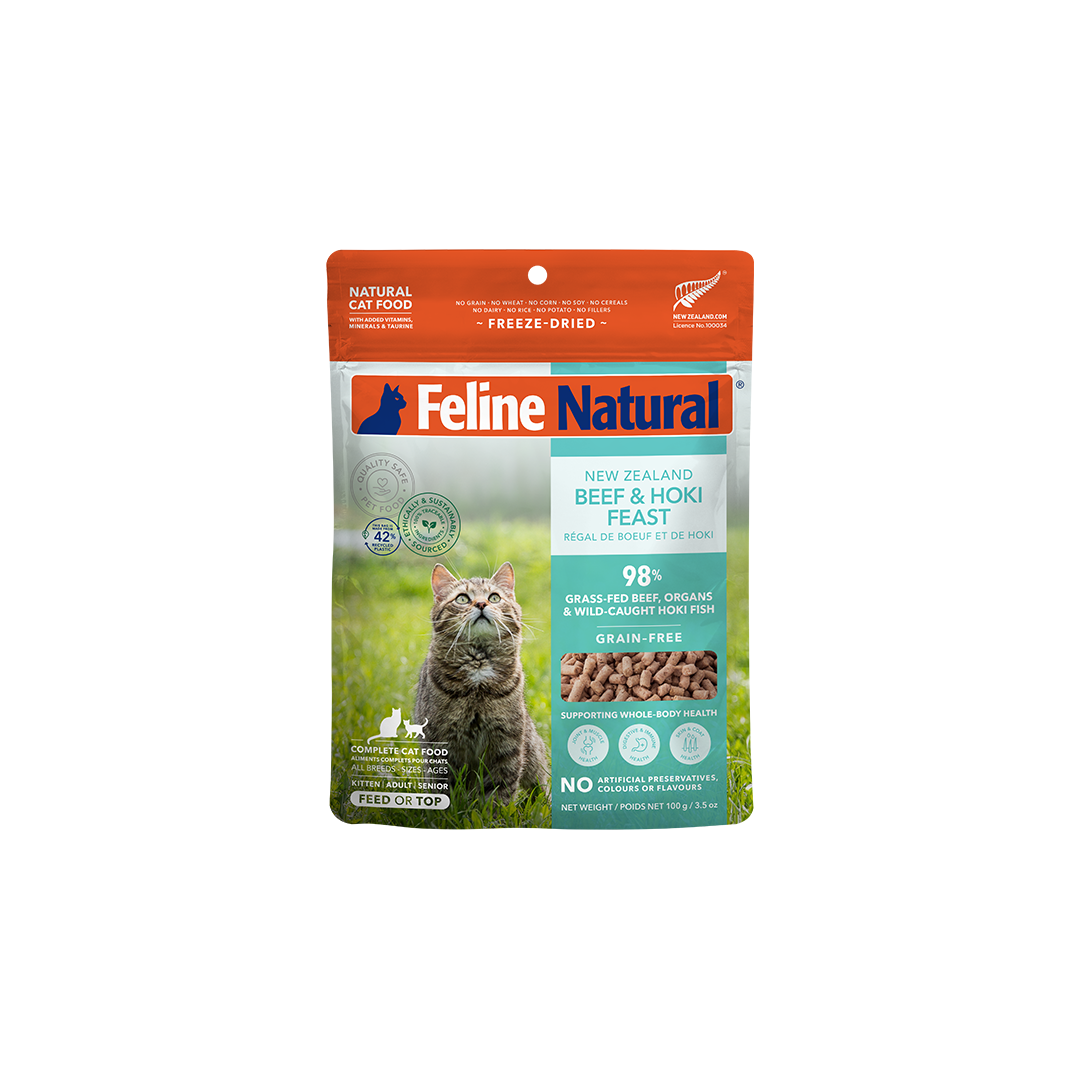 Feline Natural Beef & Hoki Feast freeze-dried cat food, small bag — official manufacturer packaging