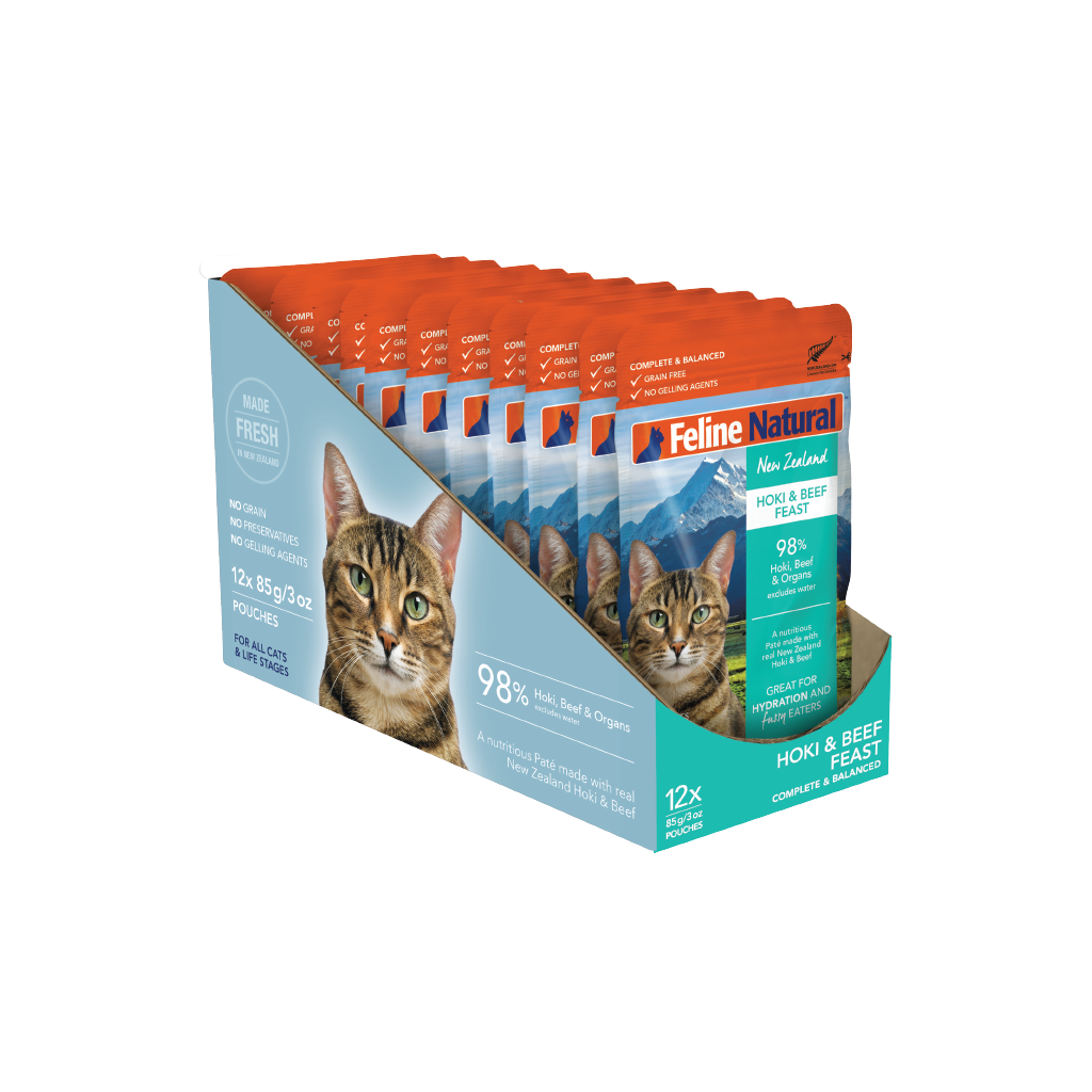 Feline Natural Hoki & Beef Feast wet cat food pouch 85 g — official manufacturer packaging