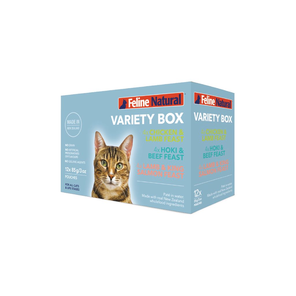 Feline Natural wet cat food pouch variety box, twelve 85 g pouches — official manufacturer packaging