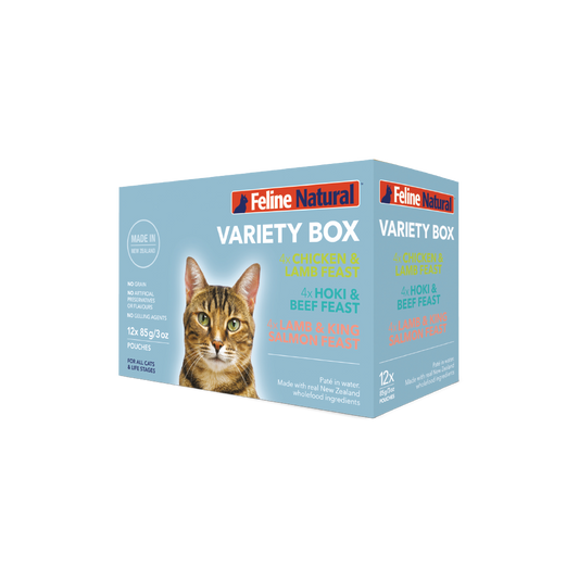 Feline Natural wet cat food pouch variety box, twelve 85 g pouches — official manufacturer packaging