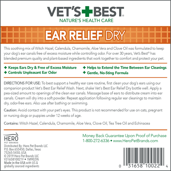 Vet's Best Ear Relief Dry back label