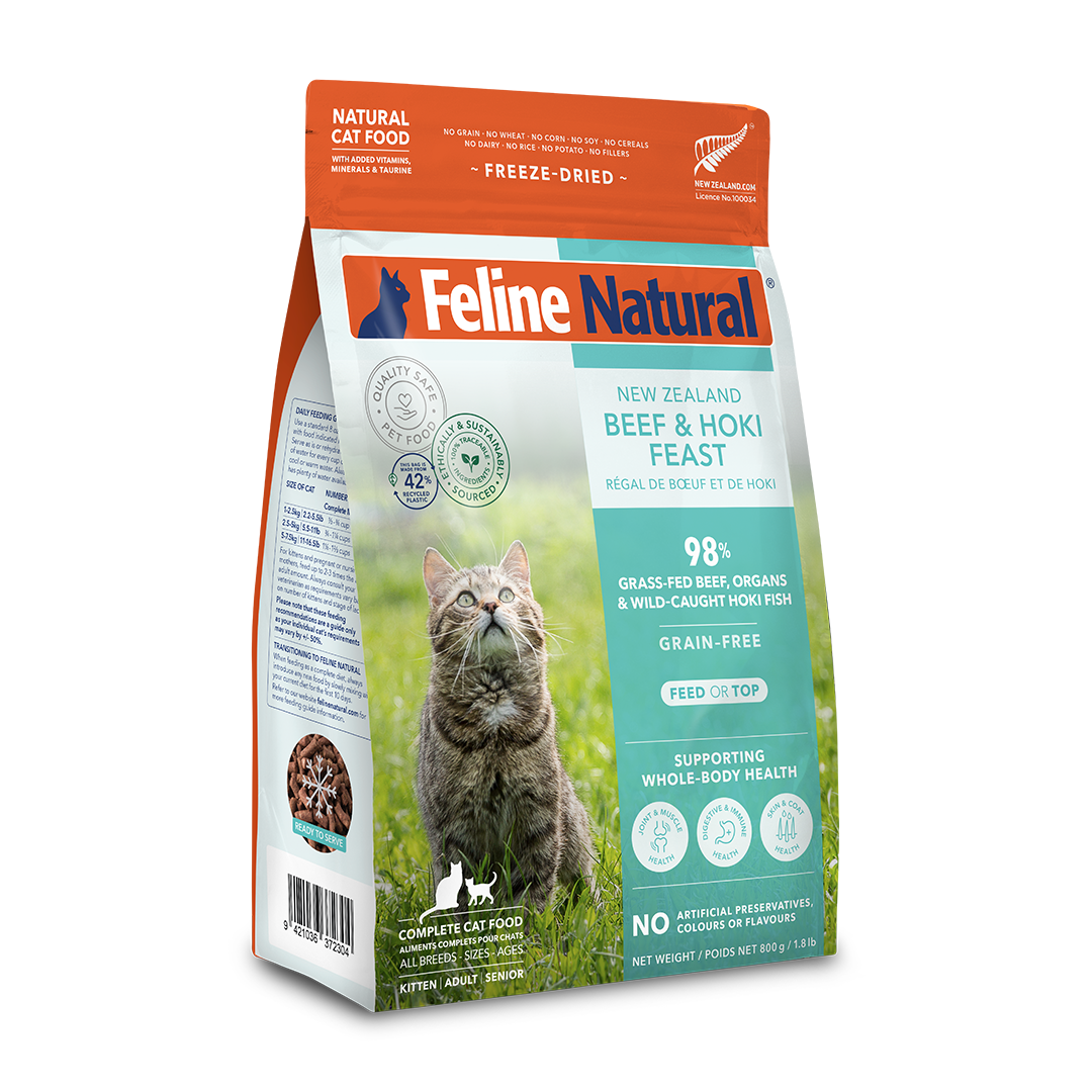 Feline Natural Beef & Hoki Feast freeze-dried cat food 800 g — official manufacturer packaging