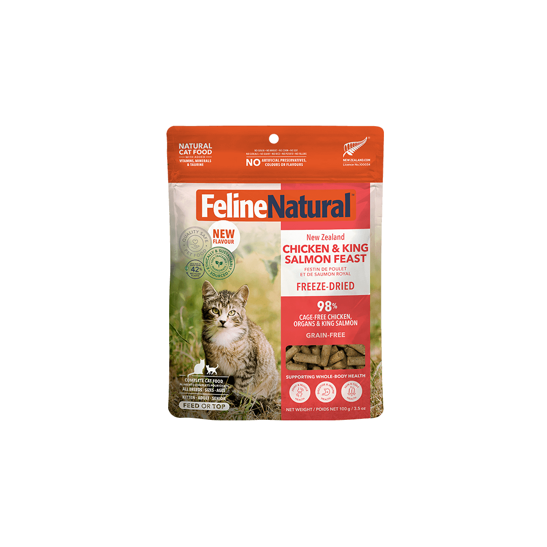 Feline Natural Chicken & King Salmon Feast freeze-dried cat food 100 g — official packaging image