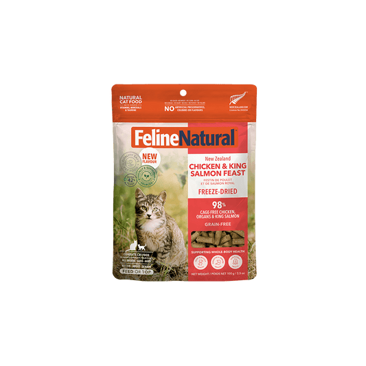 Feline Natural Chicken & King Salmon Feast freeze-dried cat food 100 g — official packaging image