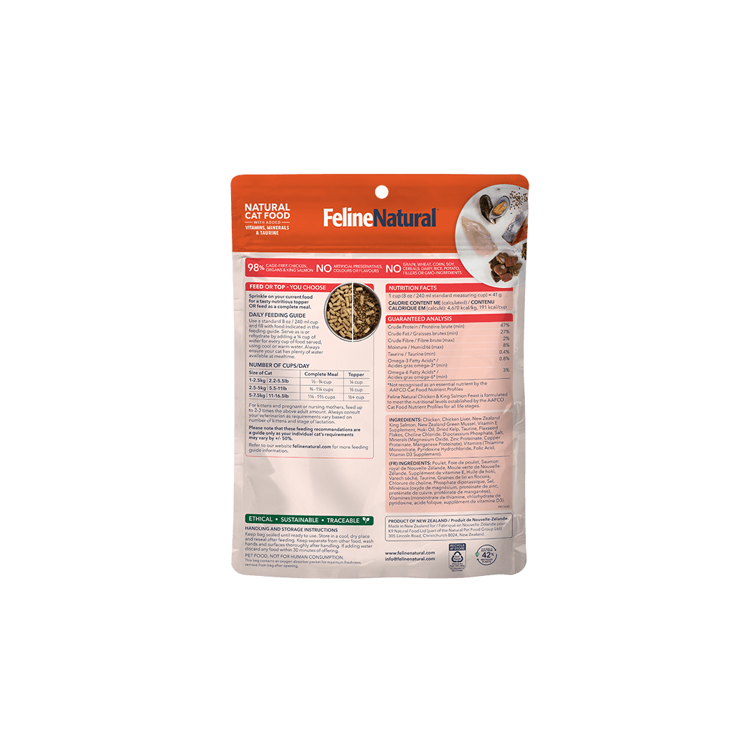 Feline Natural Chicken & King Salmon Feast freeze-dried cat food 100 g — official additional packaging panel