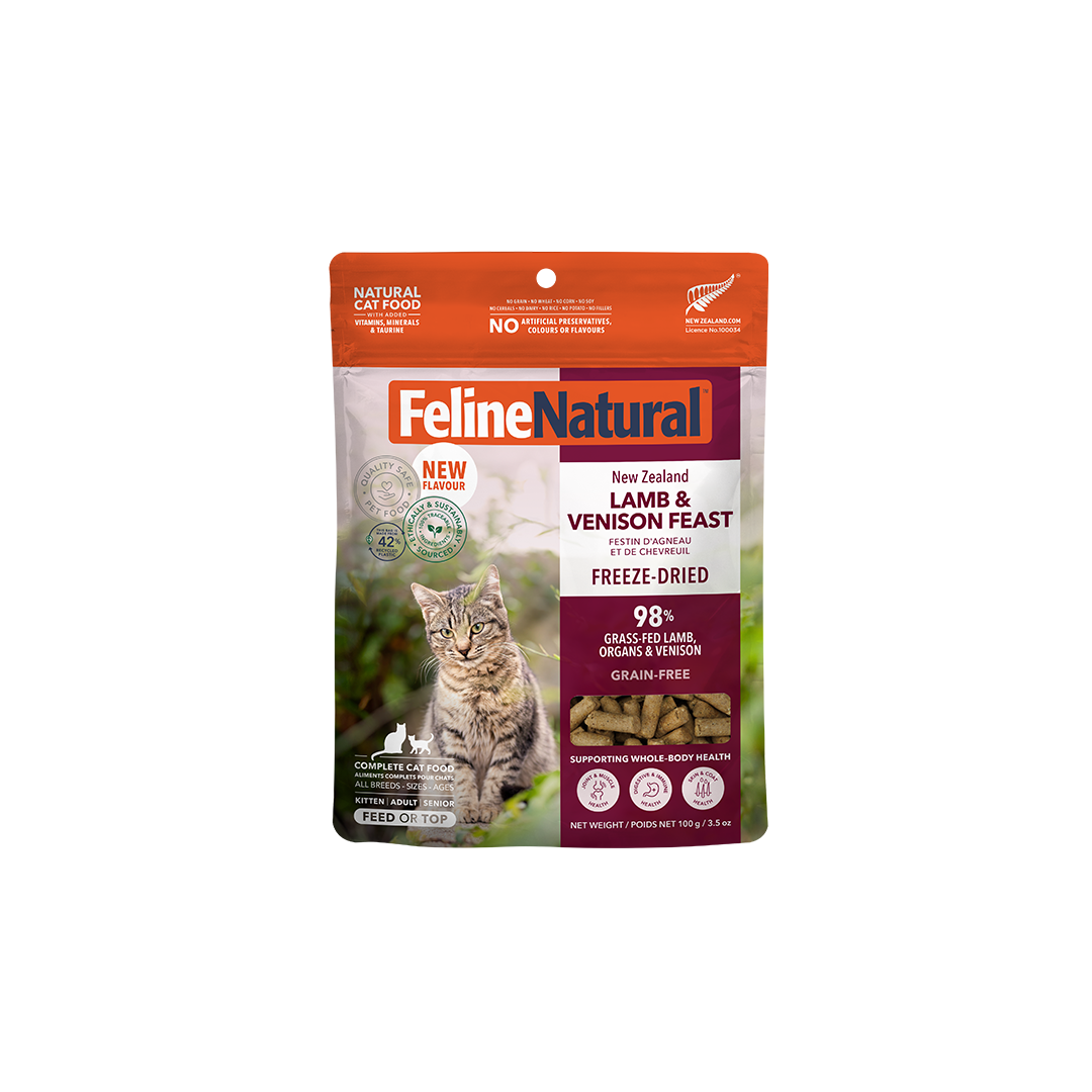 Feline Natural Lamb & Venison Feast freeze-dried cat food 100 g — official packaging image