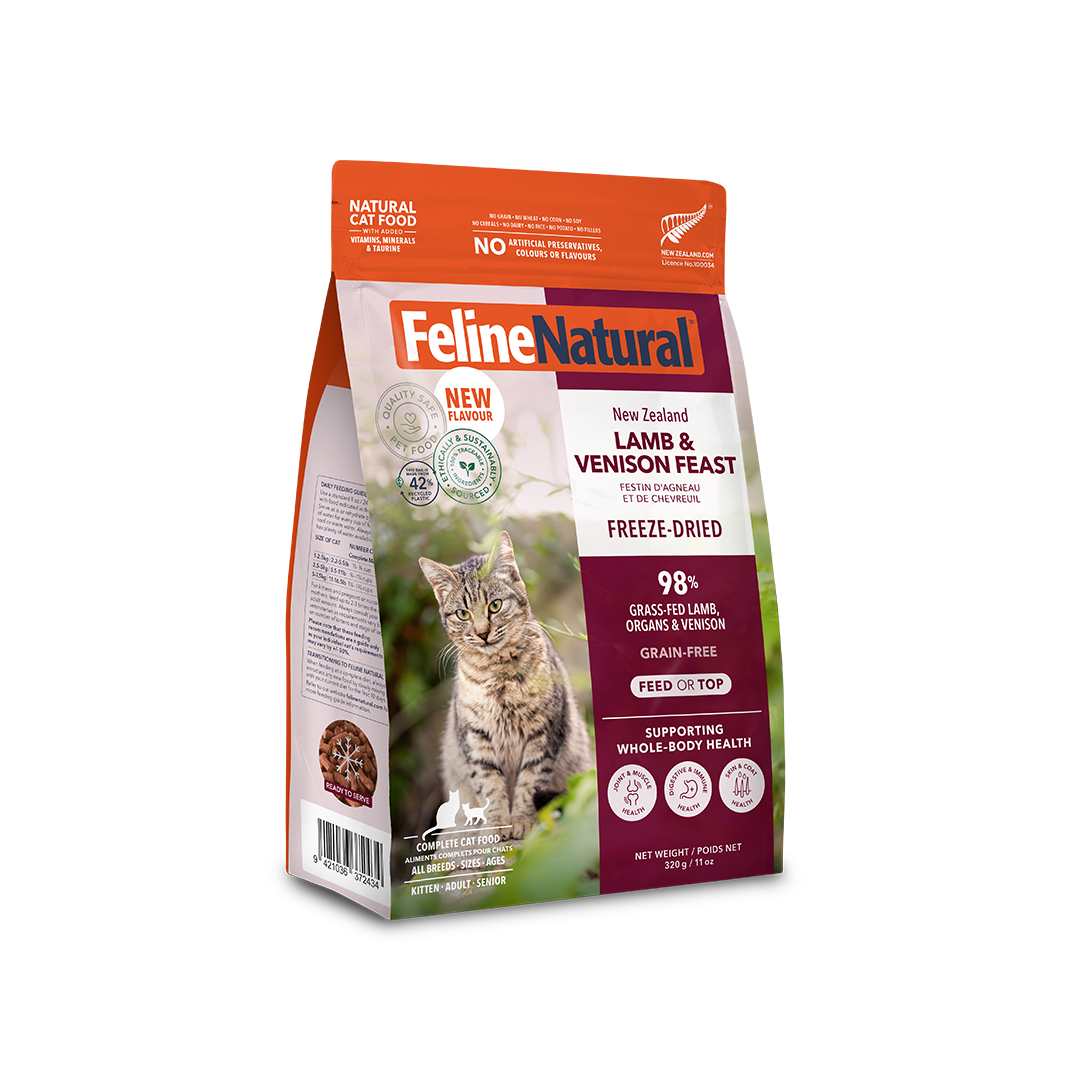 Feline Natural Lamb & Venison Feast freeze-dried cat food 320 g — official packaging image