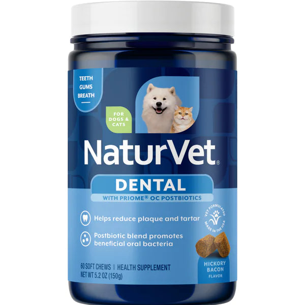 NATURVET Dental with Priome & Postbiotics Supplement for Dogs & Cats, 60 soft chews