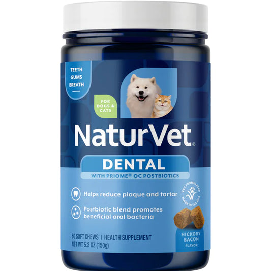 NATURVET Dental with Priome & Postbiotics Supplement for Dogs & Cats, 60 soft chews