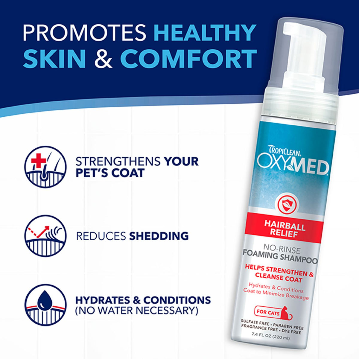 TropiClean OxyMed Hairball Relief No-Rinse Foaming Shampoo for Cats – 7.4 oz