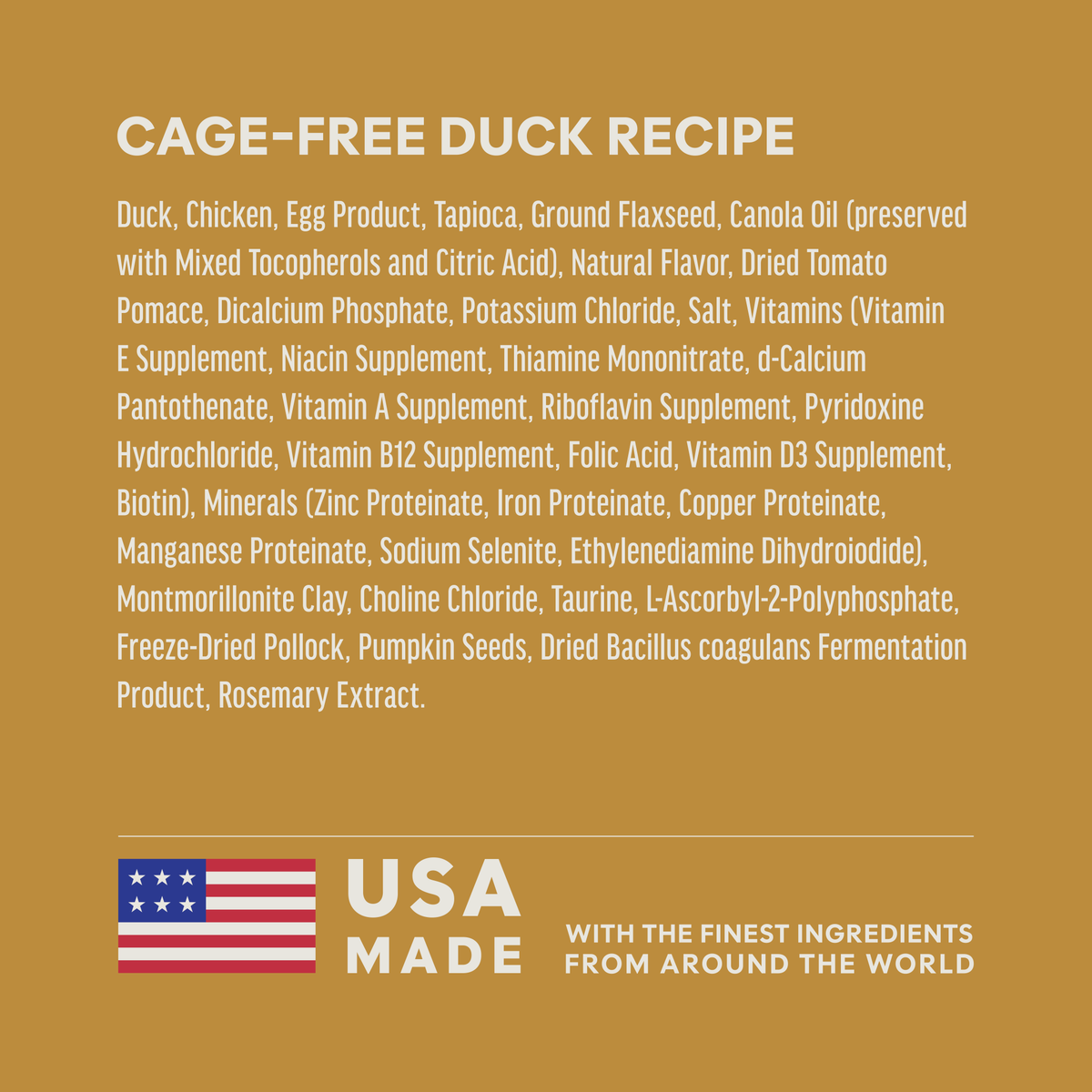 Instinct Ultimate Protein Cage-Free Duck Recipe label and nutrition panel