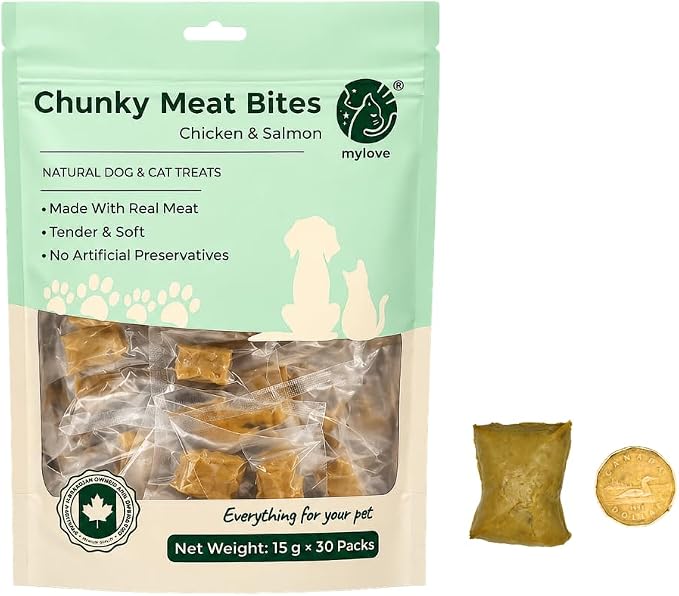 MYLOVE Chunky Meat Bites Soft Dog & Cat Treats – Chicken & Salmon, Picky Eater Solution, Tender & Breakable, No Artificial Preservatives, 15g x 30 Packs, Food Topper.