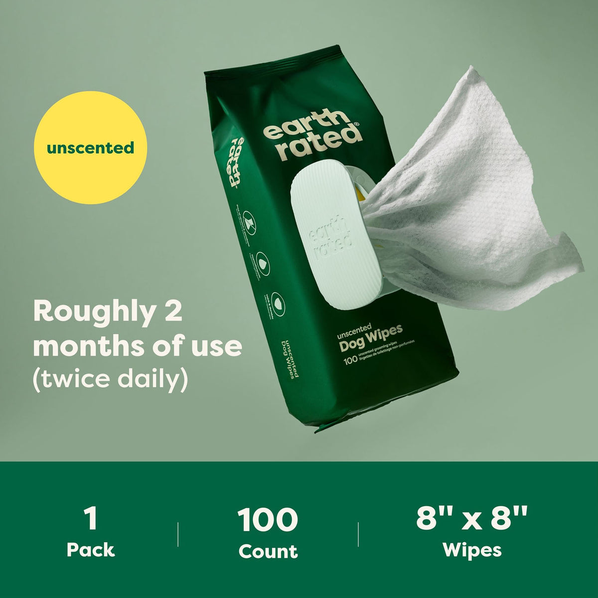 Earth Rated Compostable Unscented Pet Wipes for Dogs – 8 x 8 in, 100 Pack