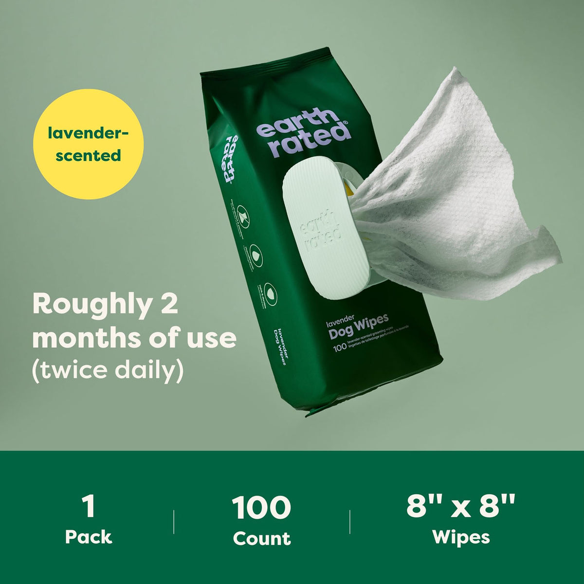 Earth Rated Compostable Lavender Pet Wipes – 8 x 8 in, 100 Pack