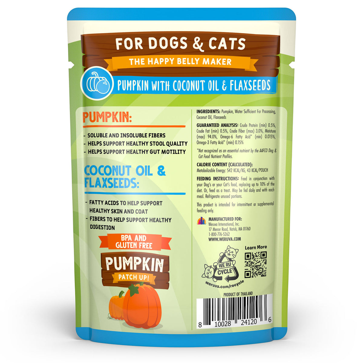 Weruva Pumpkin Patch Up Pumpkin with Coconut Oil & Flaxseeds Supplement for Dogs & Cats – 2.8 oz Pouch