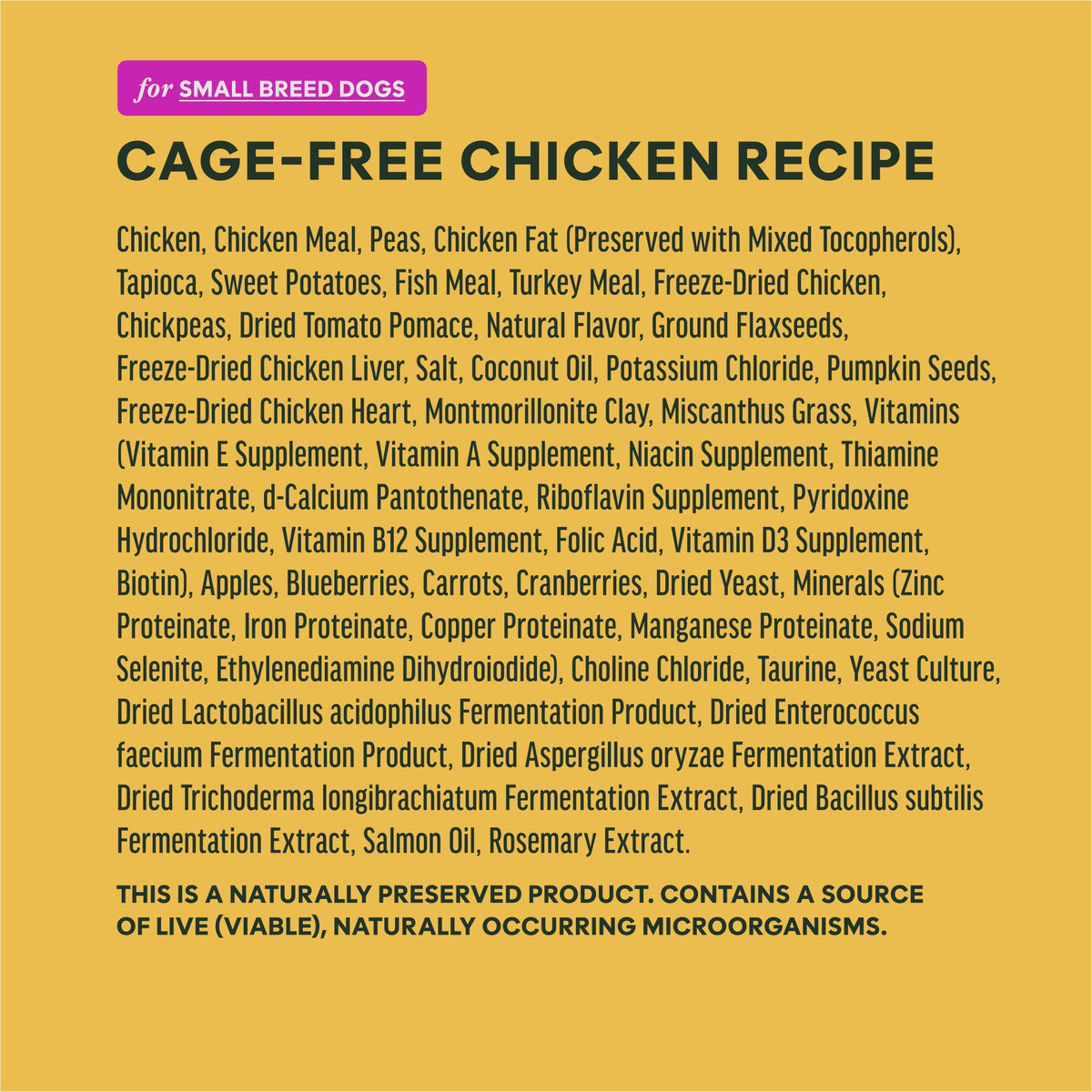 Instinct Raw Boost Small Breed Real Chicken Recipe label and nutrition panel