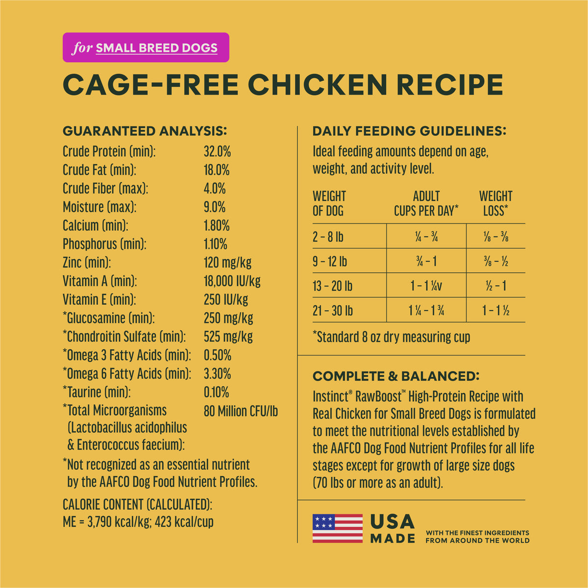 Instinct Raw Boost Small Breed Real Chicken Recipe label details