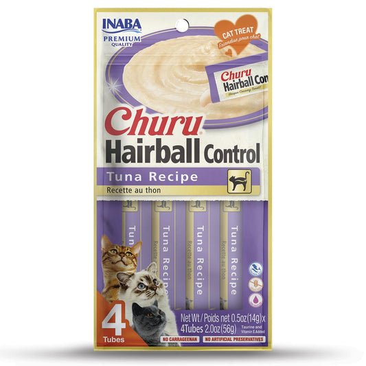 Inaba - Churu Purees 4ct - Hairball Control TUNA Recipe - SINGLE Cat Treat Pack, 4 Tubes - 2oz