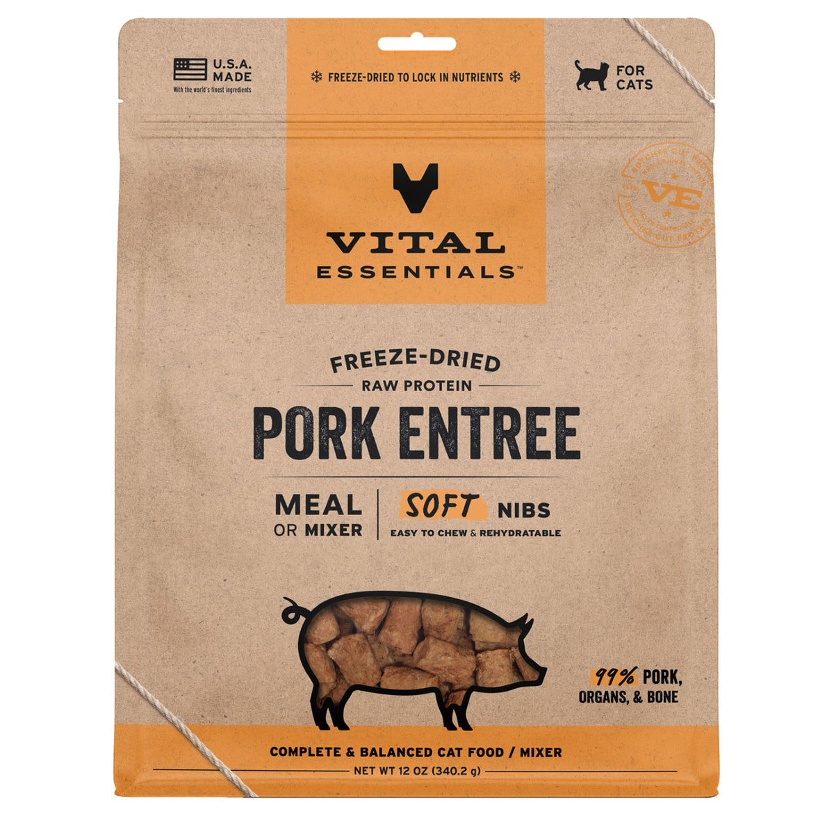 Vital Essentials Freeze-Dried Raw Pork Entree & Mixer Soft Nibs Cat Food – 12 oz