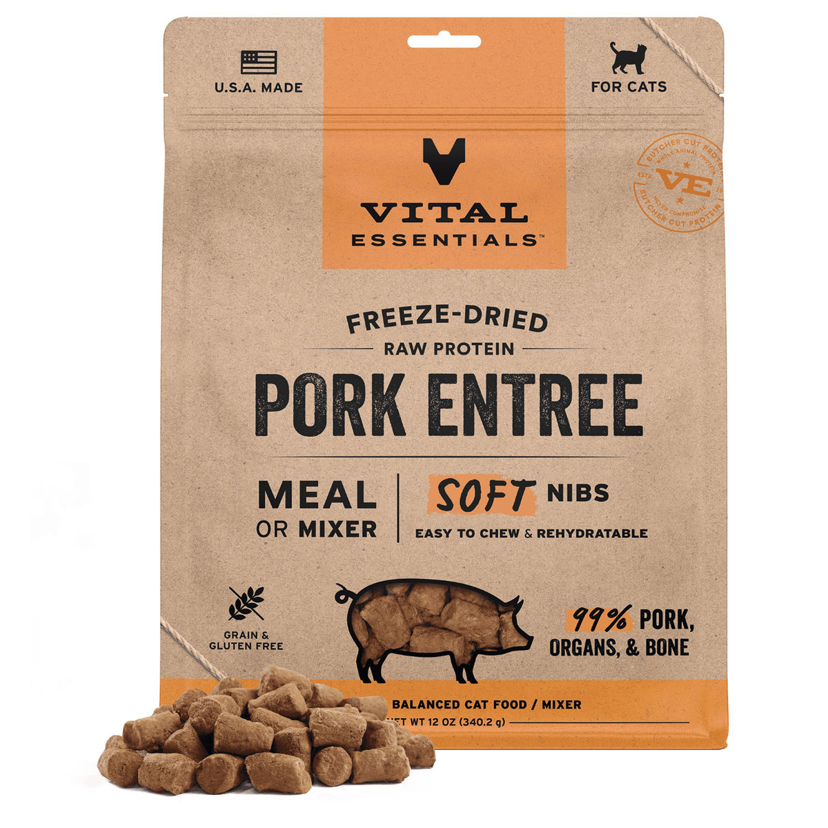 Vital Essentials Freeze-Dried Raw Pork Entree & Mixer Soft Nibs Cat Food – 12 oz